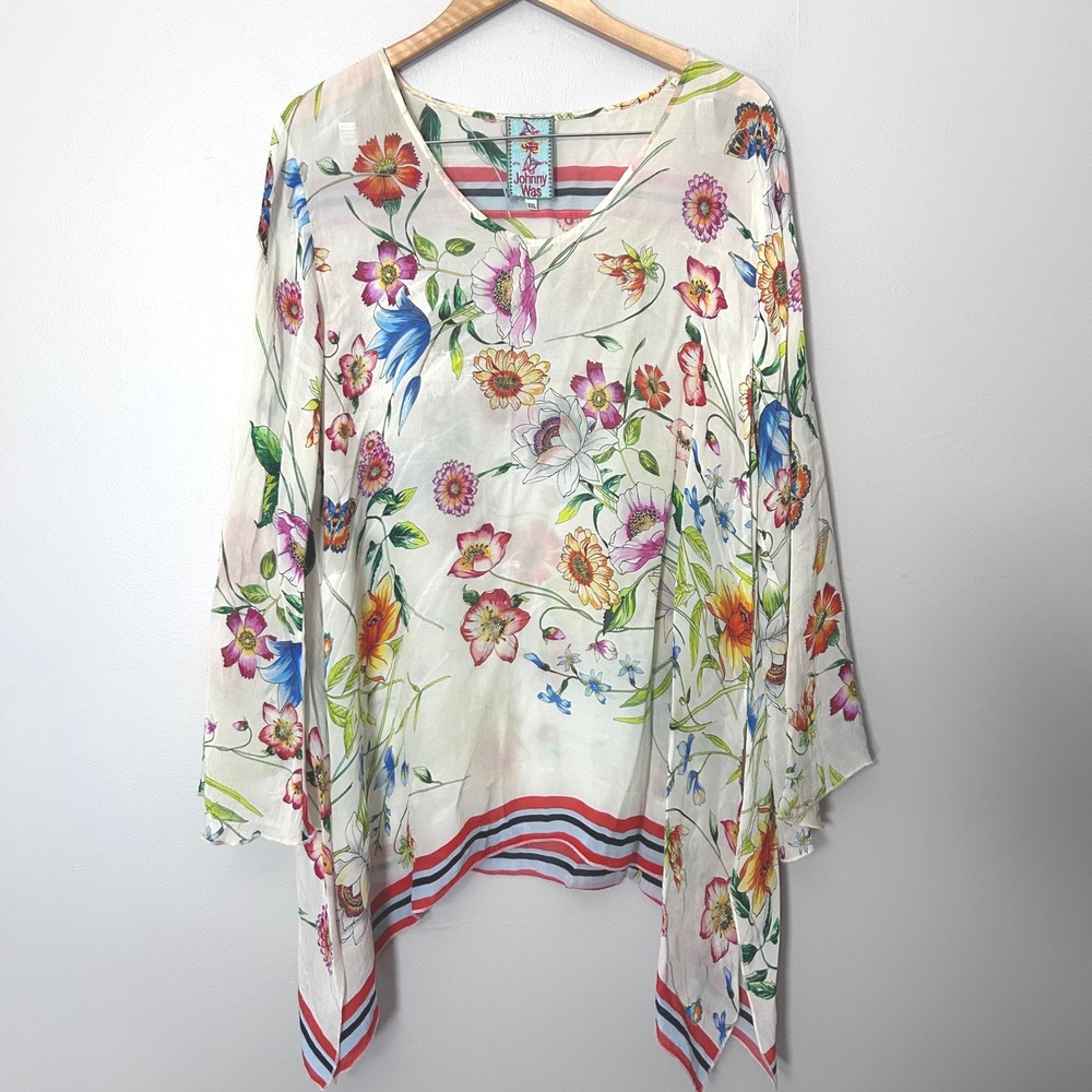 Johnny Was Fliska Flare Sleeve Tunic Blouse Womens XXL White Floral Boho